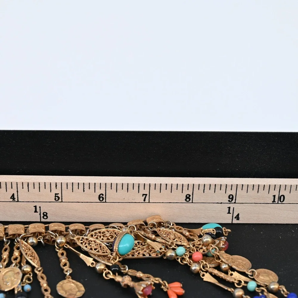 Vintage Gold Tone Victorian Revival Fringe Charm Necklace Lapis Coral Turquoise